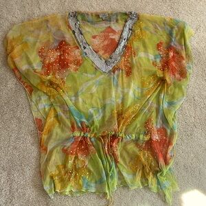 Green orange V neck beach coverup.